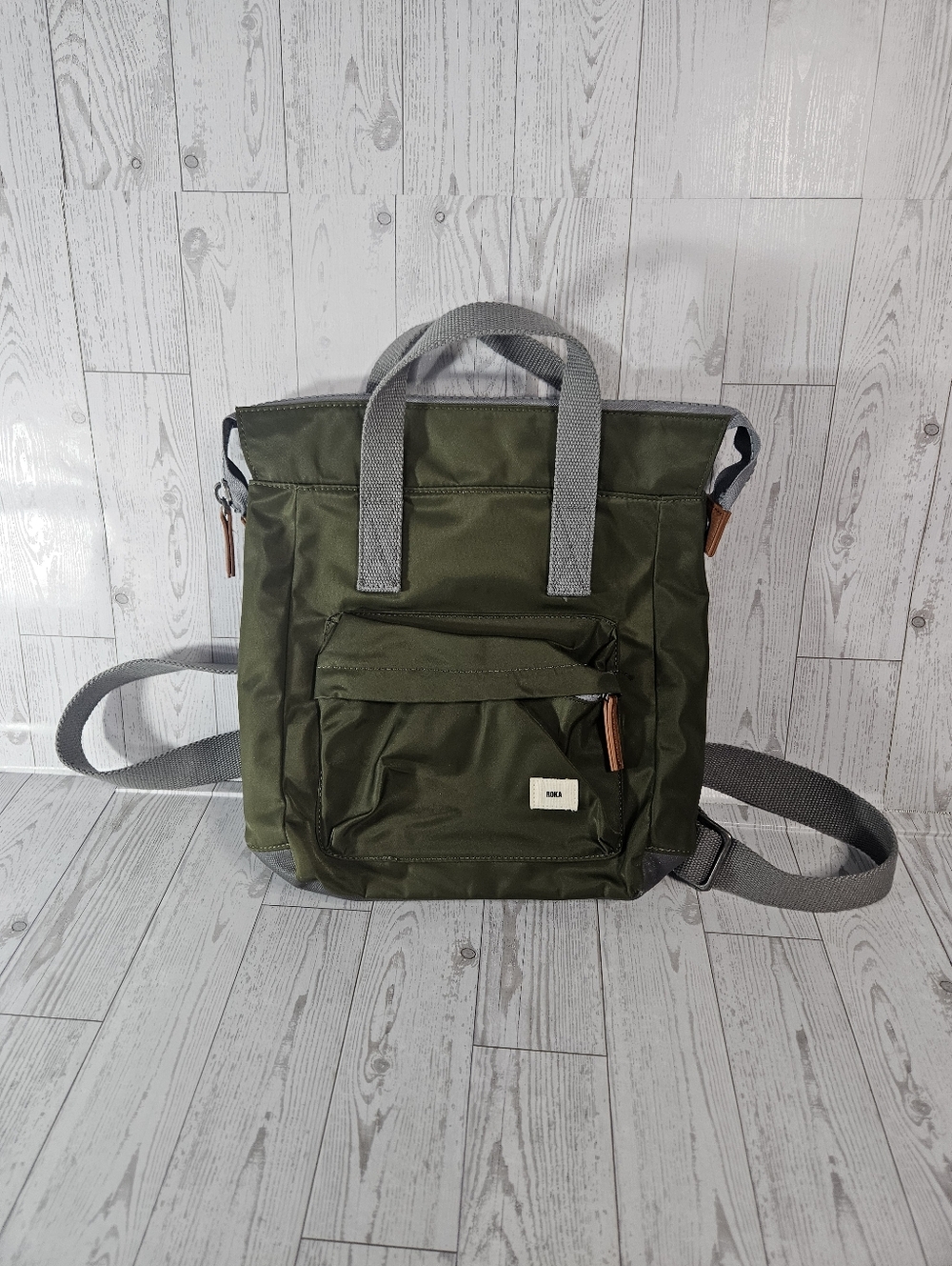 Roka London Finchley Medium Moss Recycled Canvas Backpack Bag